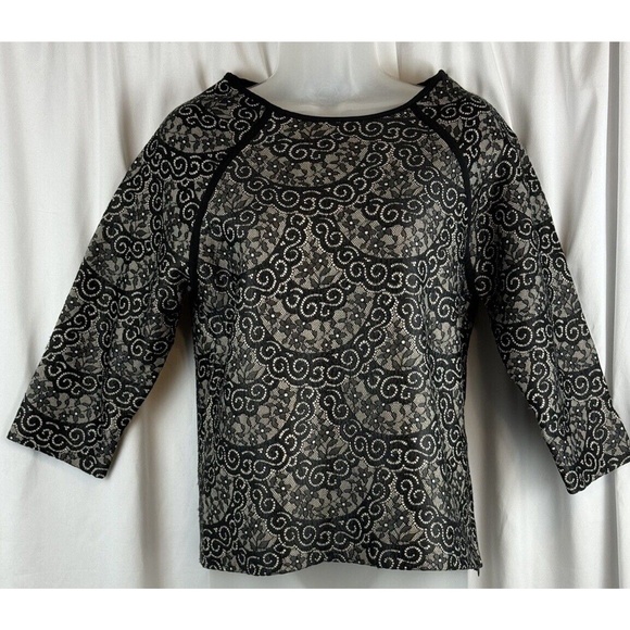 Ann Taylor Flower Paisley Lace Sweater Black Cream S coquettish Preppy 64-01 - Picture 1 of 16